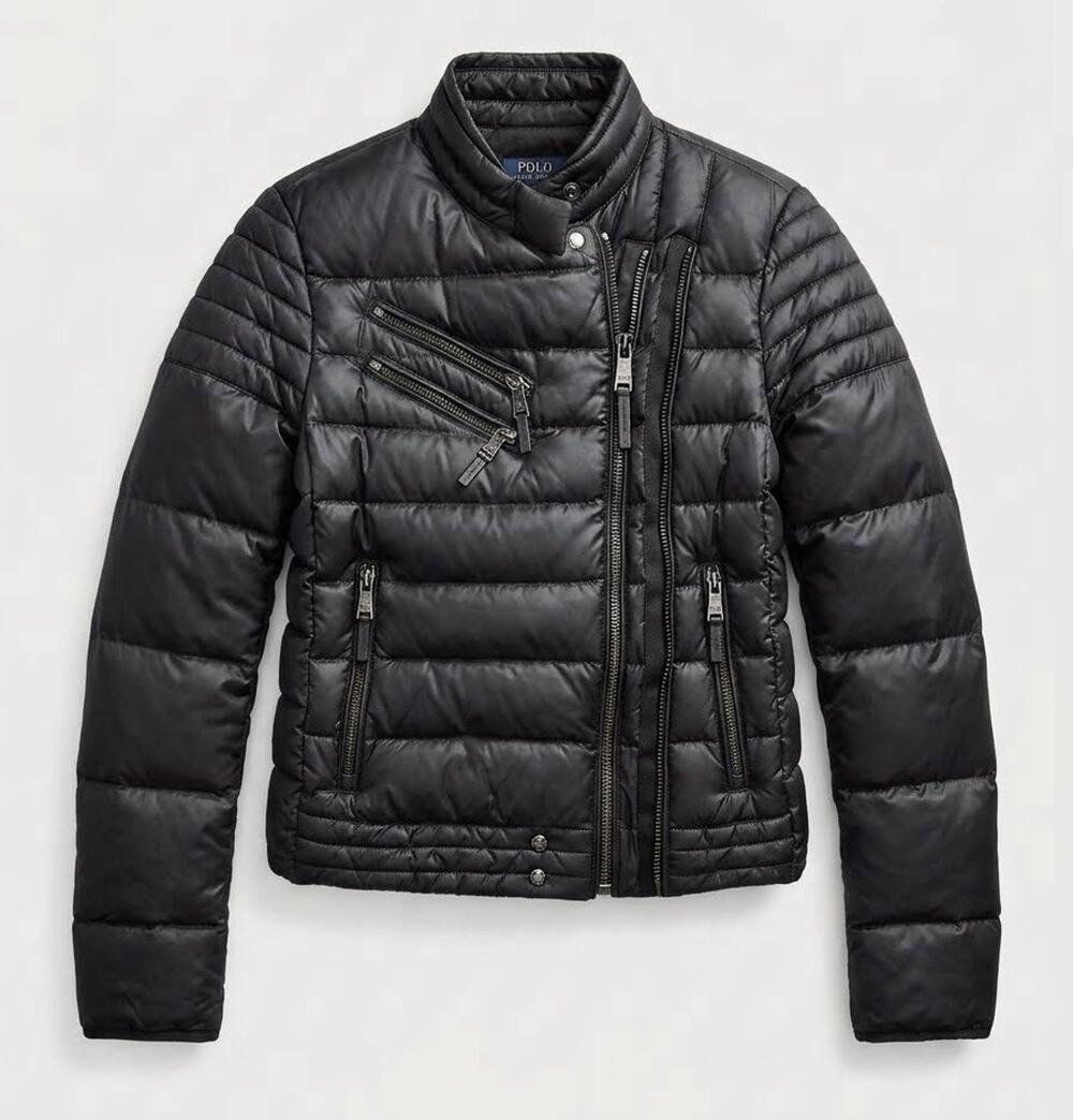 Polo Ralph Lauren Black Down W Moto Puffer Jacket Asymmetric Quilted Biker Sz 6
